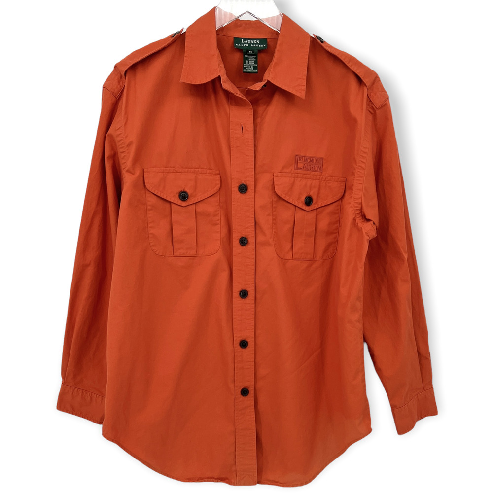 Lauren Ralph Lauren Orange Double Picked Stitched Military Button Up Shirt Sz M